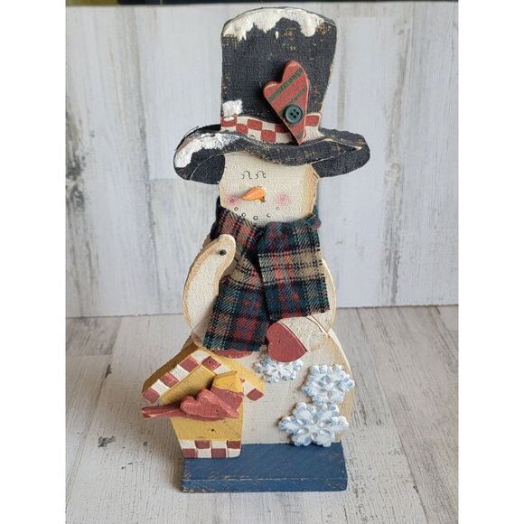 Vintage birdhouse snowman snowflake wooden heart Xmas figure scarf - Picture 2 of 9